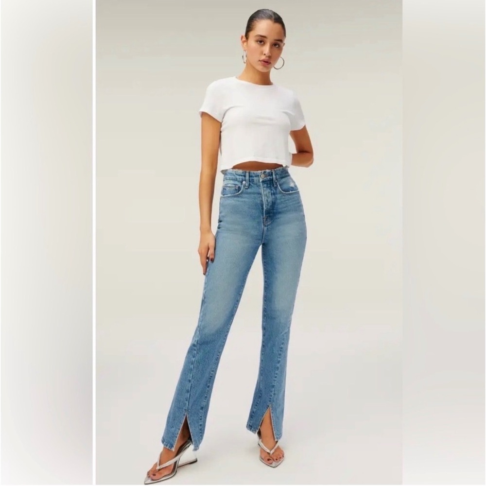 Good American Good Boy Straight Leg Jeans Light Blue Distressed Split Hem 14/32